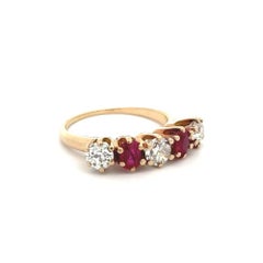 Vintage 5 Stone Old European Cut Diamond and Ruby Gold Band Ring