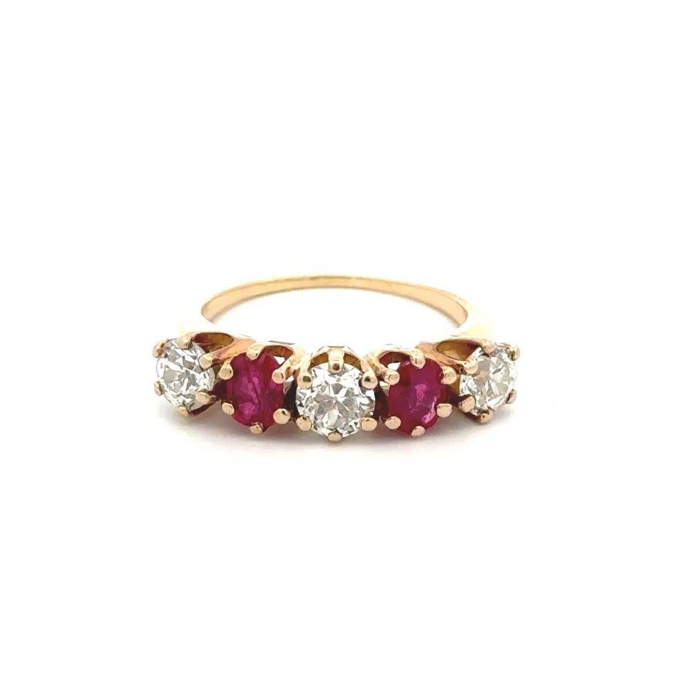 Mixed Cut Vintage 5 Stone Old European Cut Diamond and Ruby Gold Band Ring For Sale