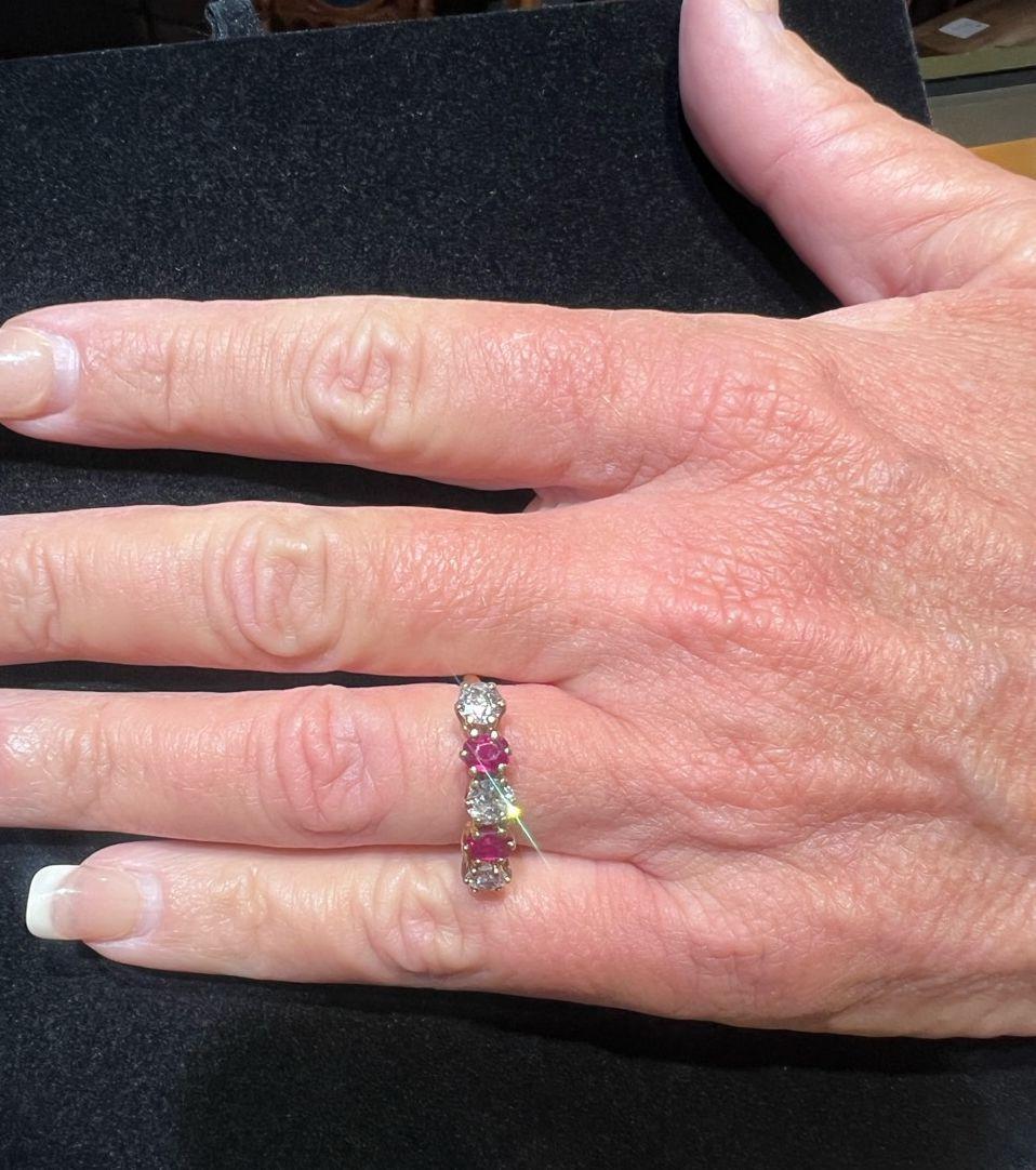 Vintage 5 Stone Old European Cut Diamond and Ruby Gold Band Ring For Sale 1