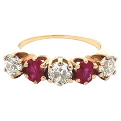 Anillo de oro vintage de 5 piedras con diamante y rubí de talla europea antigua