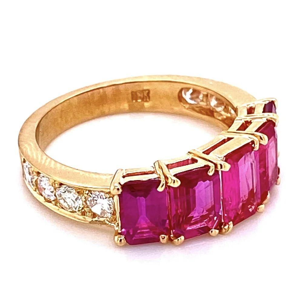 Simply Beautiful! Finely crafted Five Stone Ruby and Diamond Band Ring. Centering securely nestled 5 Rubies, weighing approx. 2.87tcw with Diamonds on shank, approx. 0.82tcw. Ring size: 7.75, we offer ring re-sizing. Beautifully Hand crafted 18K