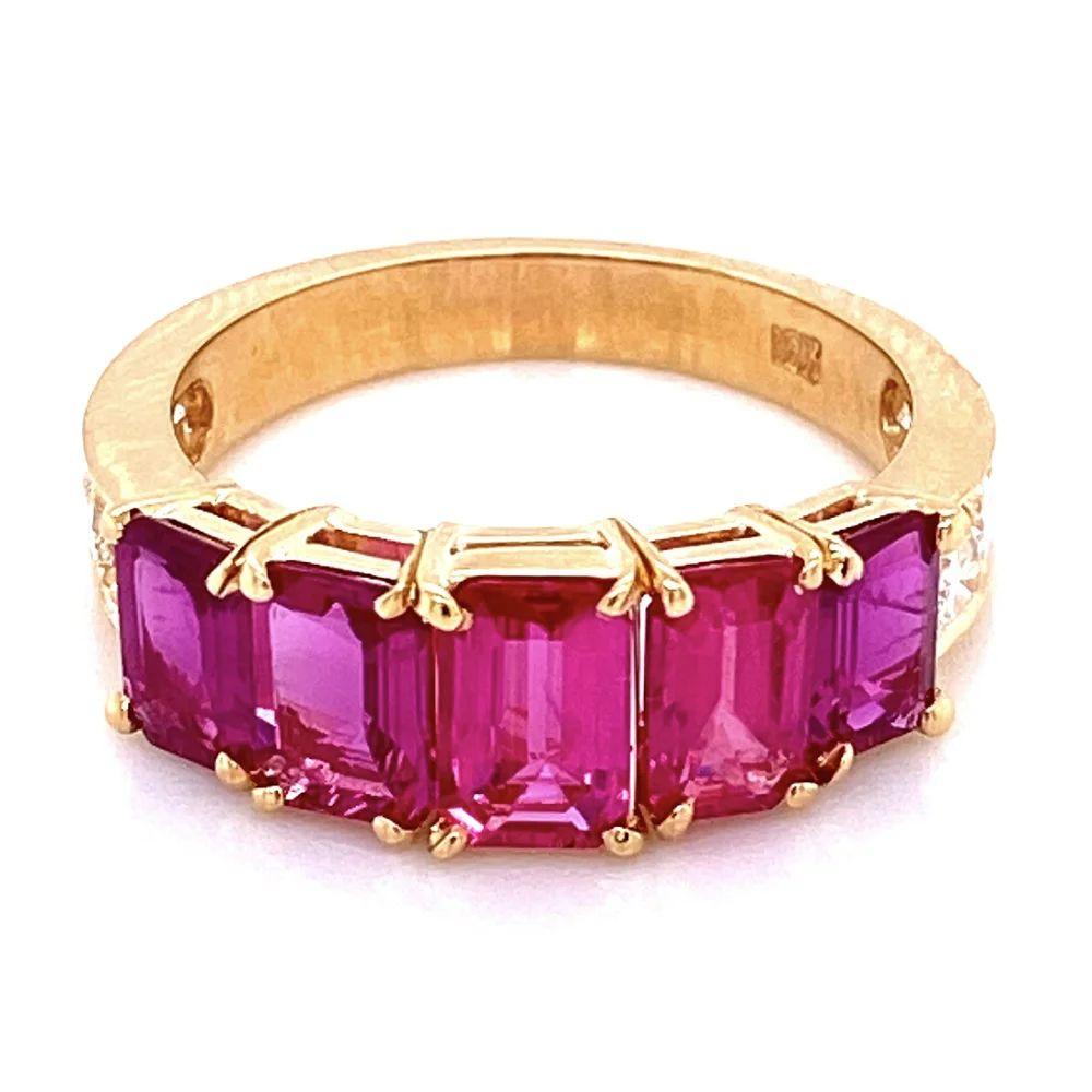 Mixed Cut Vintage 5-Stone Ruby and Diamond Gold Band Ring Estate Fine Jewelry For Sale