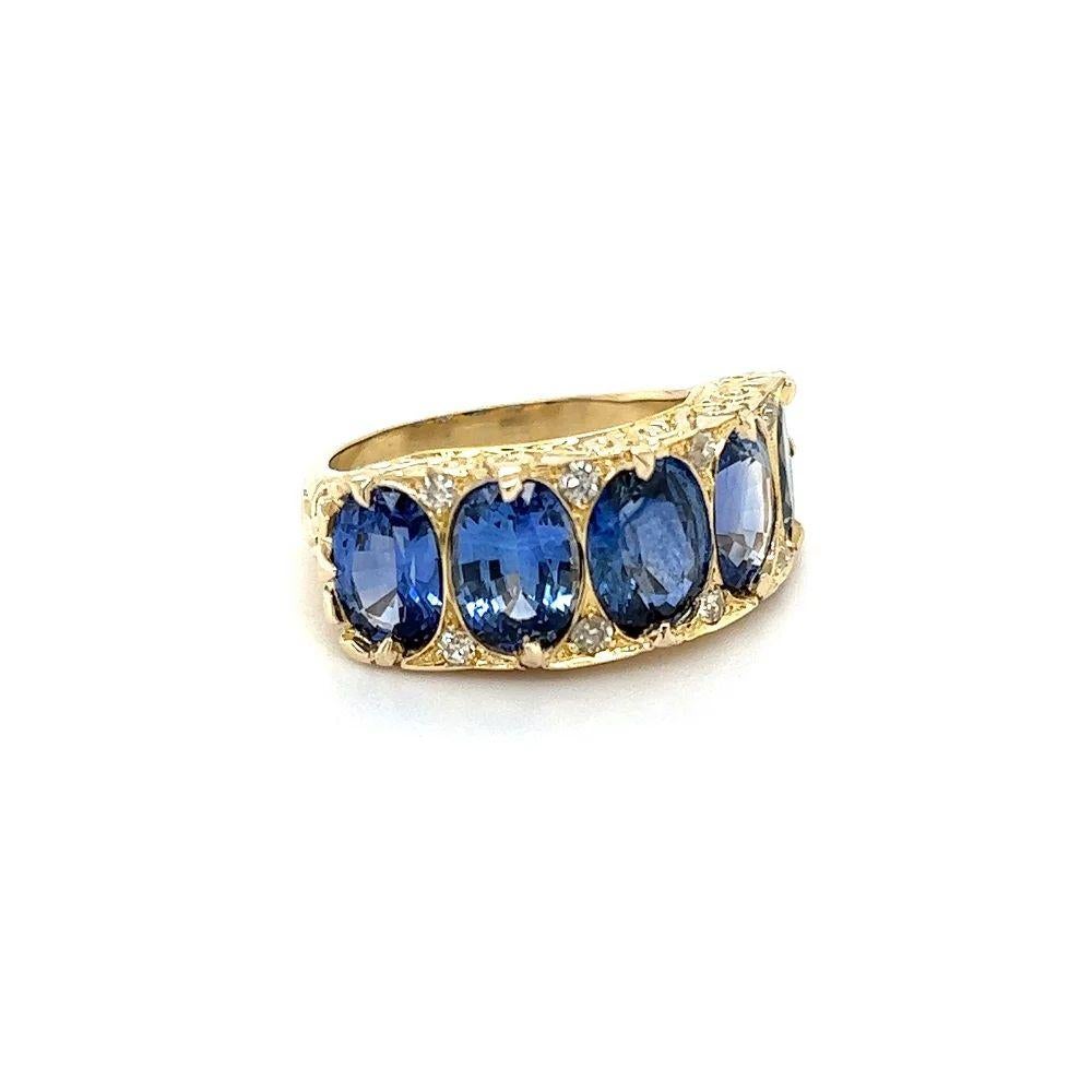 Simply Beautiful! Vintage 5-Stone Oval Sapphire and Diamond Gold Engraved Band Ring Simply Beautiful! Finely crafted Five Stone Sapphire and Diamond Gold Band Vintage Ring. Centering securely nestled 5 Oval Sapphires, weighing approx. 6.09tcw