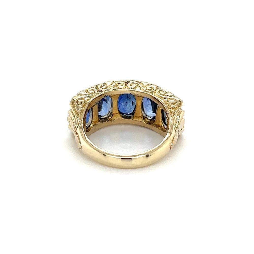 Mixed Cut Vintage 5 Stone Sapphire and Diamond Engraved Gold Band Ring For Sale