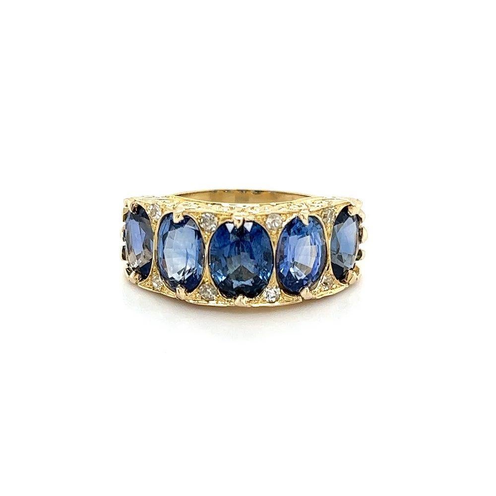 Women's Vintage 5 Stone Sapphire and Diamond Engraved Gold Band Ring For Sale