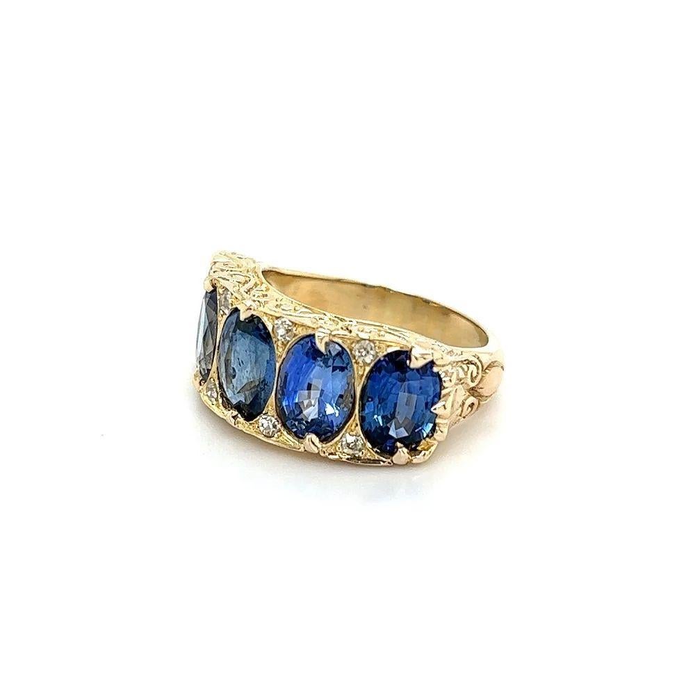 Vintage 5 Stone Sapphire and Diamond Engraved Gold Band Ring For Sale 1