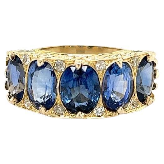 Vintage 5 Stone Sapphire and Diamond Engraved Gold Band Ring For Sale