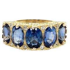Vintage 5 Stone Sapphire and Diamond Engraved Gold Band Ring