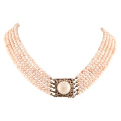 Vintage 5-Strand Angel Skin Coral Choker Necklace Multi Strand Jewelry