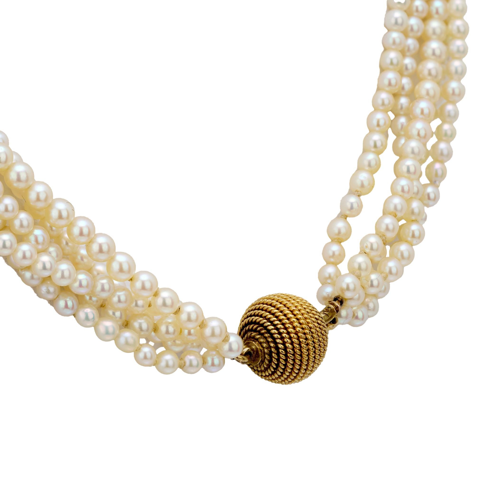 Moderne Collier vintage en or jaune 18 carats à 5 brins de perles en vente