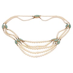 Vintage 5 Strand Pearl Jade 14K Gold Chocker Pearl Necklace by de Groot & Gudde