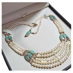Vintage 5 Strand Pearl Jade 14K Gold Chocker Pearl Necklace by de Groot & Gudde