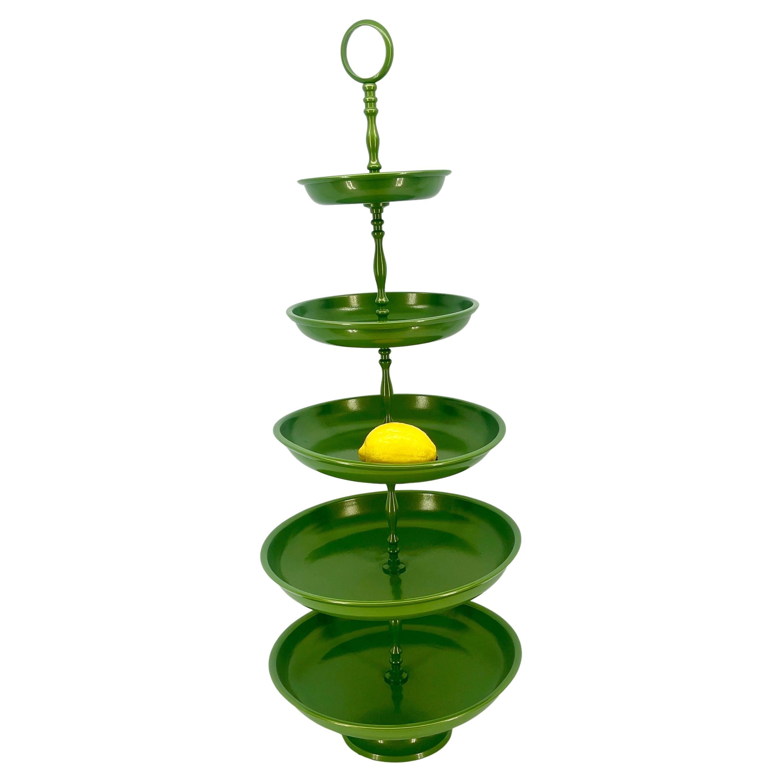 Vintage 5 Tier Green Pedestal Centerpiece Tray Stand, MidCentury