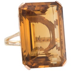 Vintage 50 Carat Citrine Ring 14 Karat Gold Emerald Cut Cocktail Estate Jewelry
