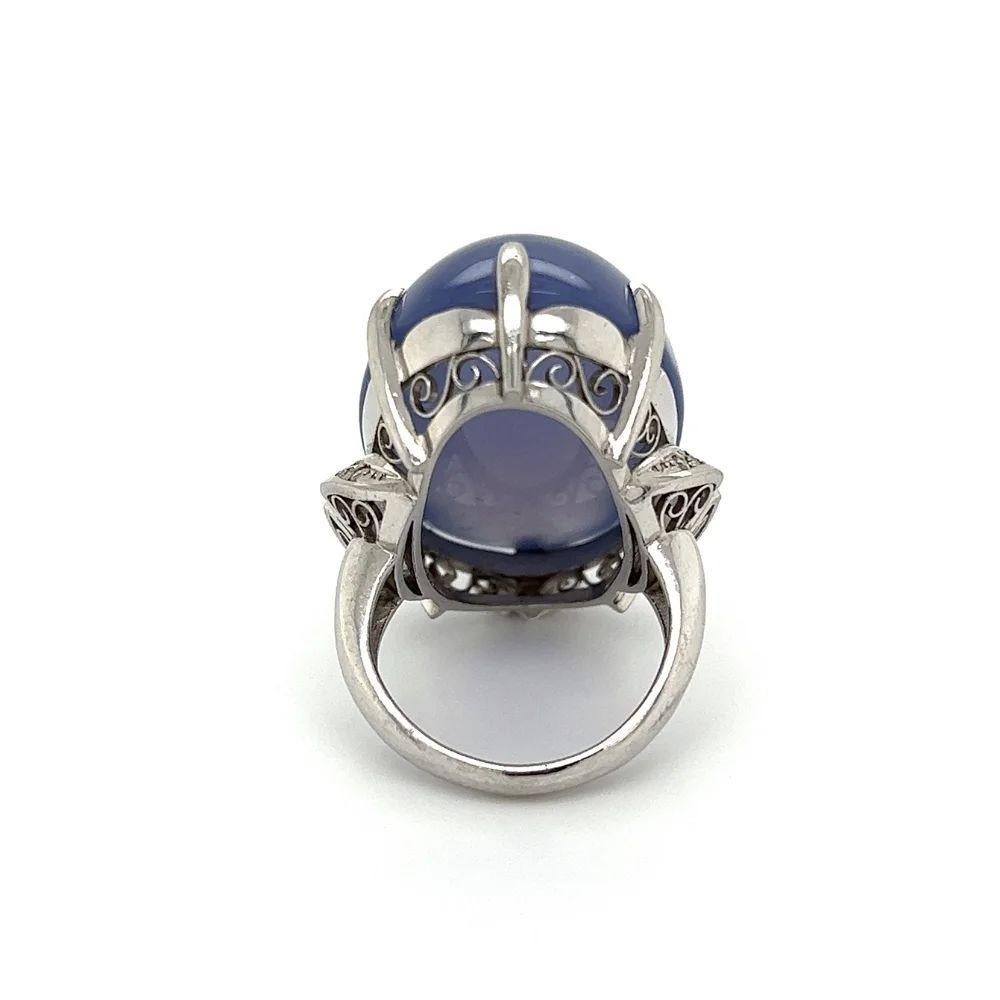 Modern Vintage 50 Carat Oval Blue Chalcedony and Diamond Solitaire Platinum Ring For Sale