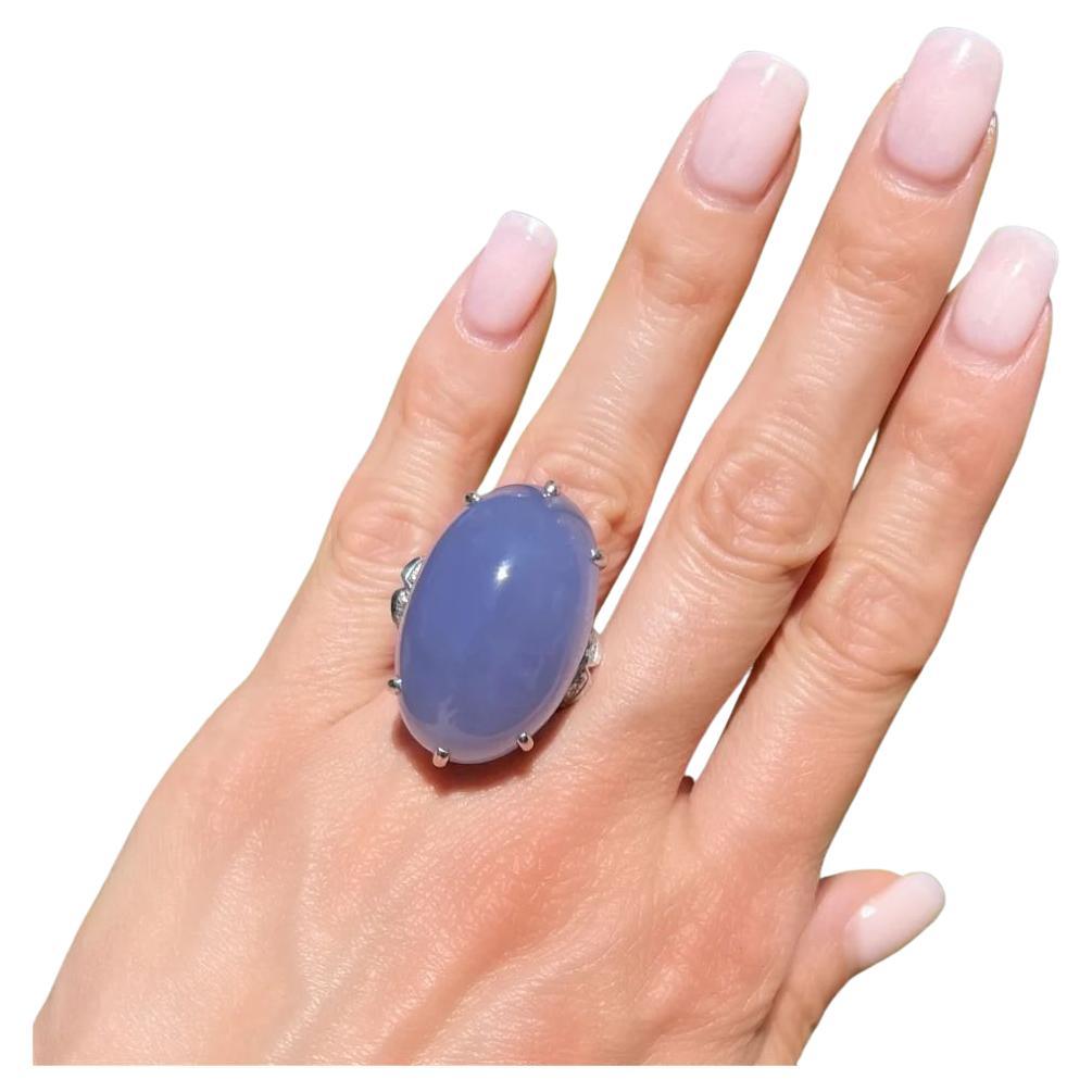 Vintage 50 Carat Oval Blue Chalcedony and Diamond Solitaire Platinum Ring For Sale