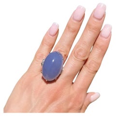 Vintage 50 Carat Oval Blue Chalcedony and Diamond Solitaire Platinum Ring