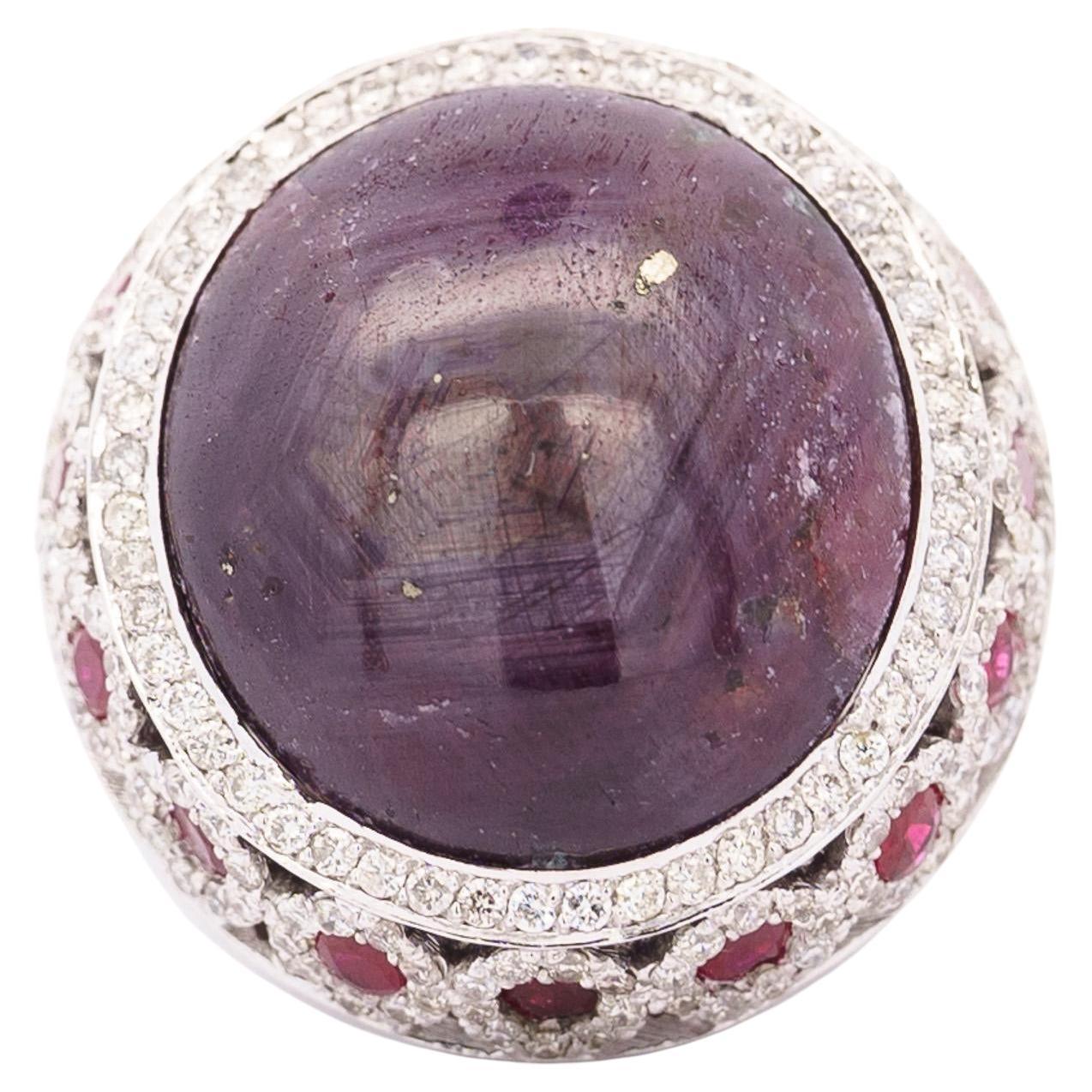 Vintage 50 Carat Star Ruby Cabochon 18K White Gold Gypsy Style Heavy Ring For Sale