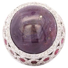 Vintage 50 Carat Star Ruby Cabochon 18K White Gold Gypsy Style Heavy Ring