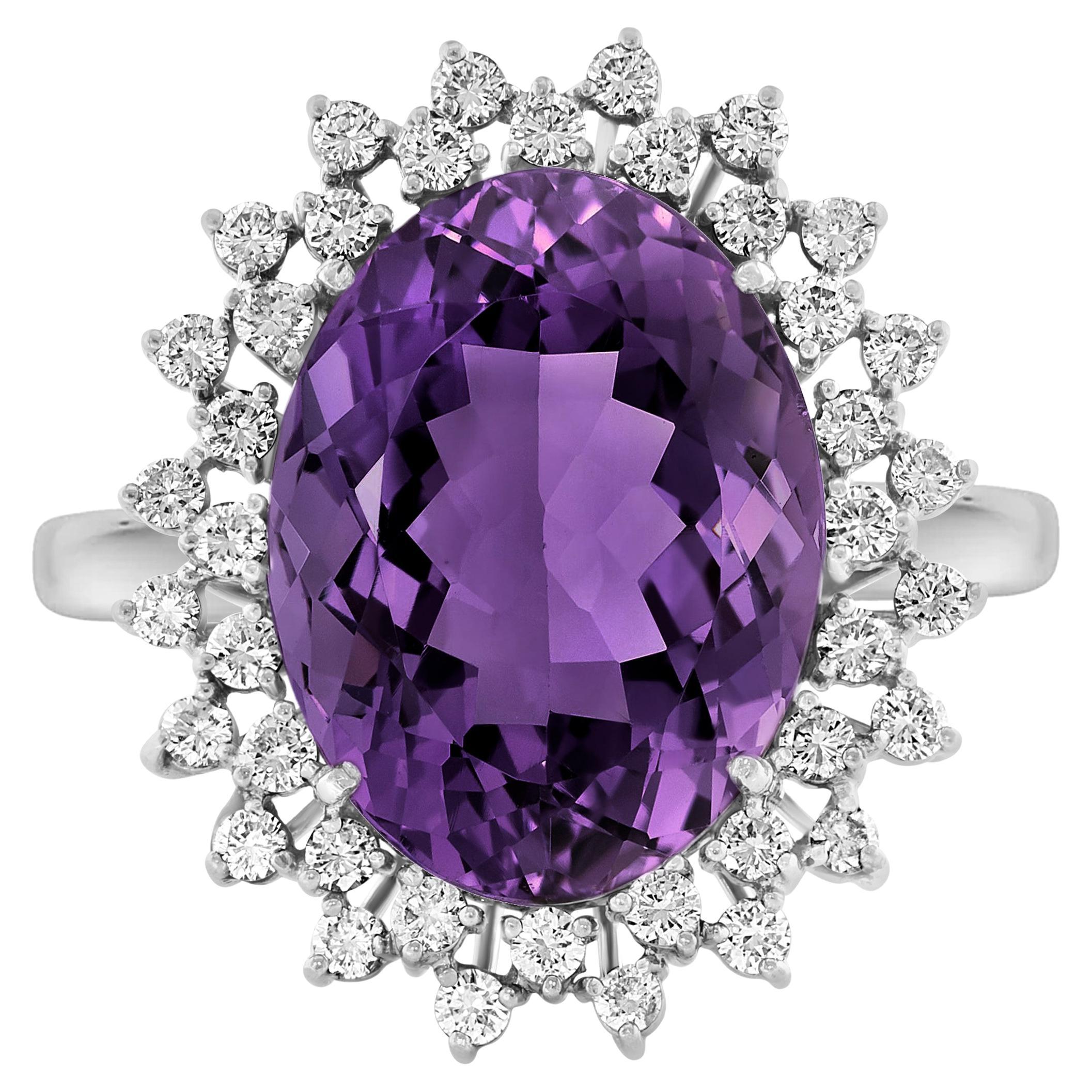 Vintage 50 Ct Amethyst and 6 Carat Diamond Ballerina Ring  In Platinum, Size 7.5