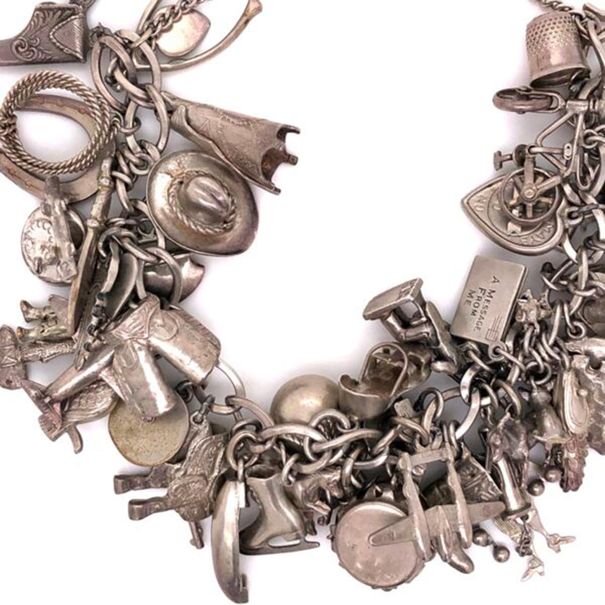 Modernist Vintage 50 Piece Sterling Silver Charm Bracelet Great Estate Jewelry Find
