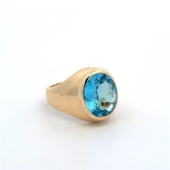 Vintage 5.00 Carat Oval Blue Topaz Bezel Set Solitaire Gold Ring