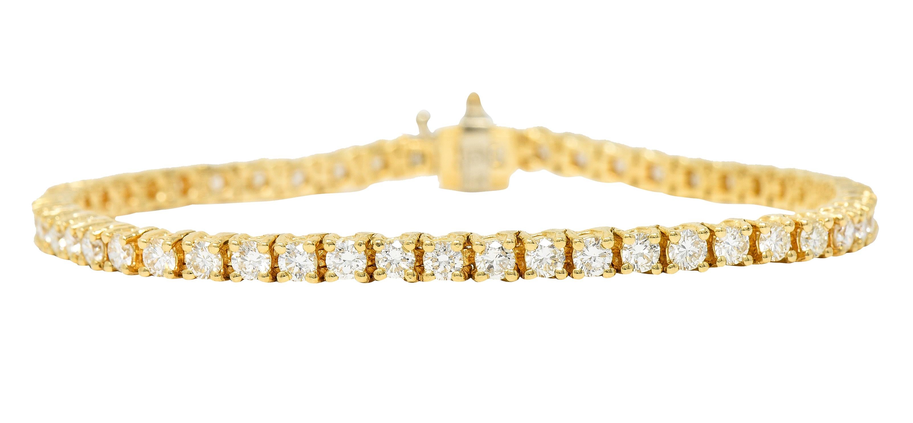 Line bracelet is comprised of articulated square form baskets. Set with round brilliant cut diamonds. Weighing in total approximately 5.00 carat - G/H color with VS to SI clarity. Completed by a concealed clasp with fold-over safety. With maker's
