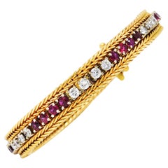Vintage 5.00 Carats Diamond Ruby 18 Karat Two-Tone Gold Wheat Line Bracelet