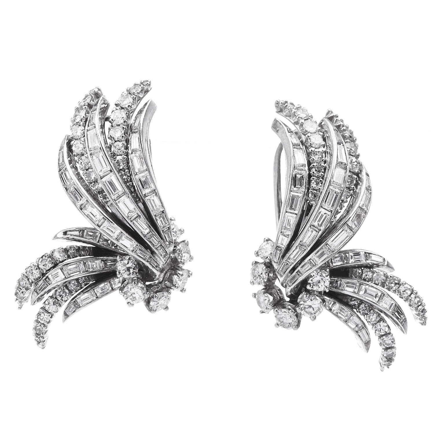 Classic Climbers Style Clip-On Earrings, with elongated Ribbon and flower-inspired design.

This circa 1960s pair of Vintage platinum earrings are perfect to match any diamond jewelry, a perfect gift yourself or someone spacial.

Featuring  72