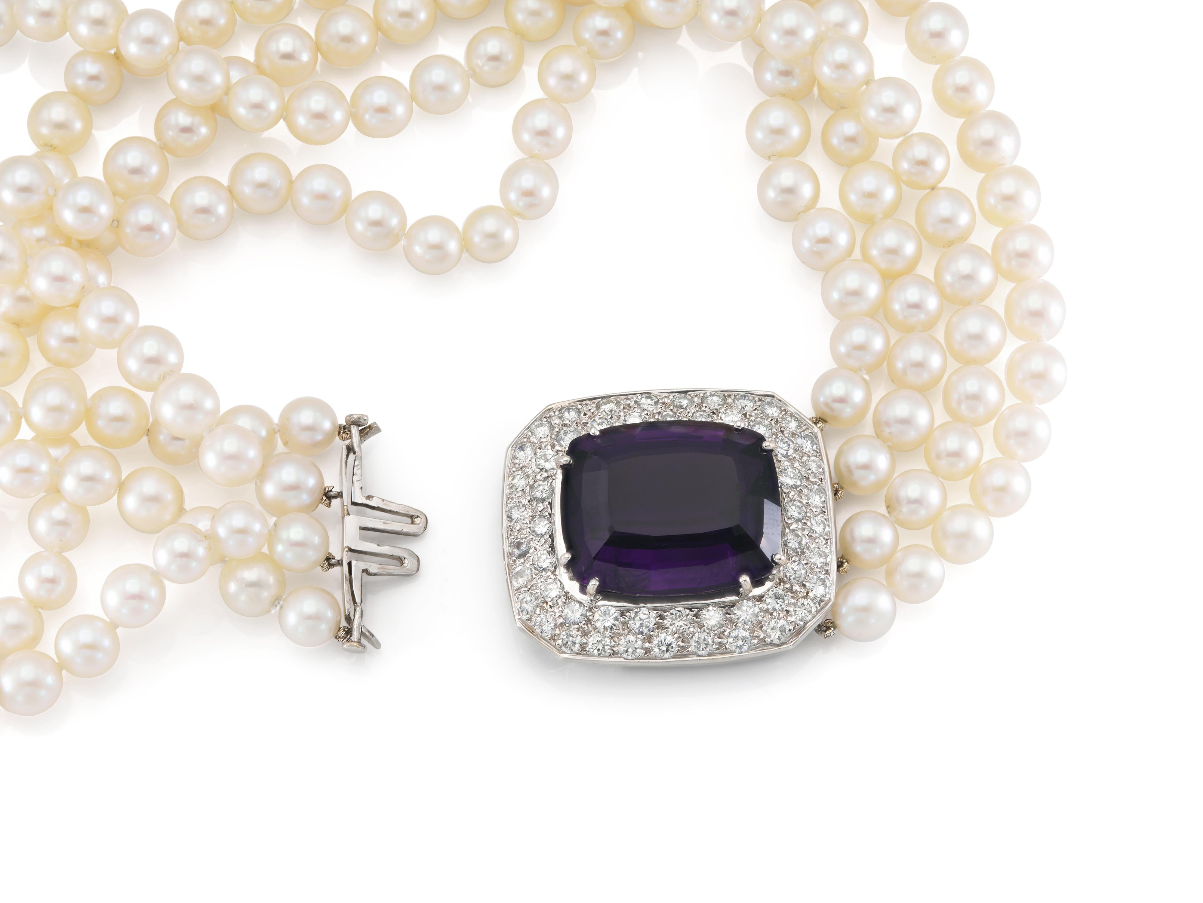 Vintage By 50,00 Carati Ametista e Collana di Perle a quattro fili con Diamanti In condizioni buone in vendita a New York, NY