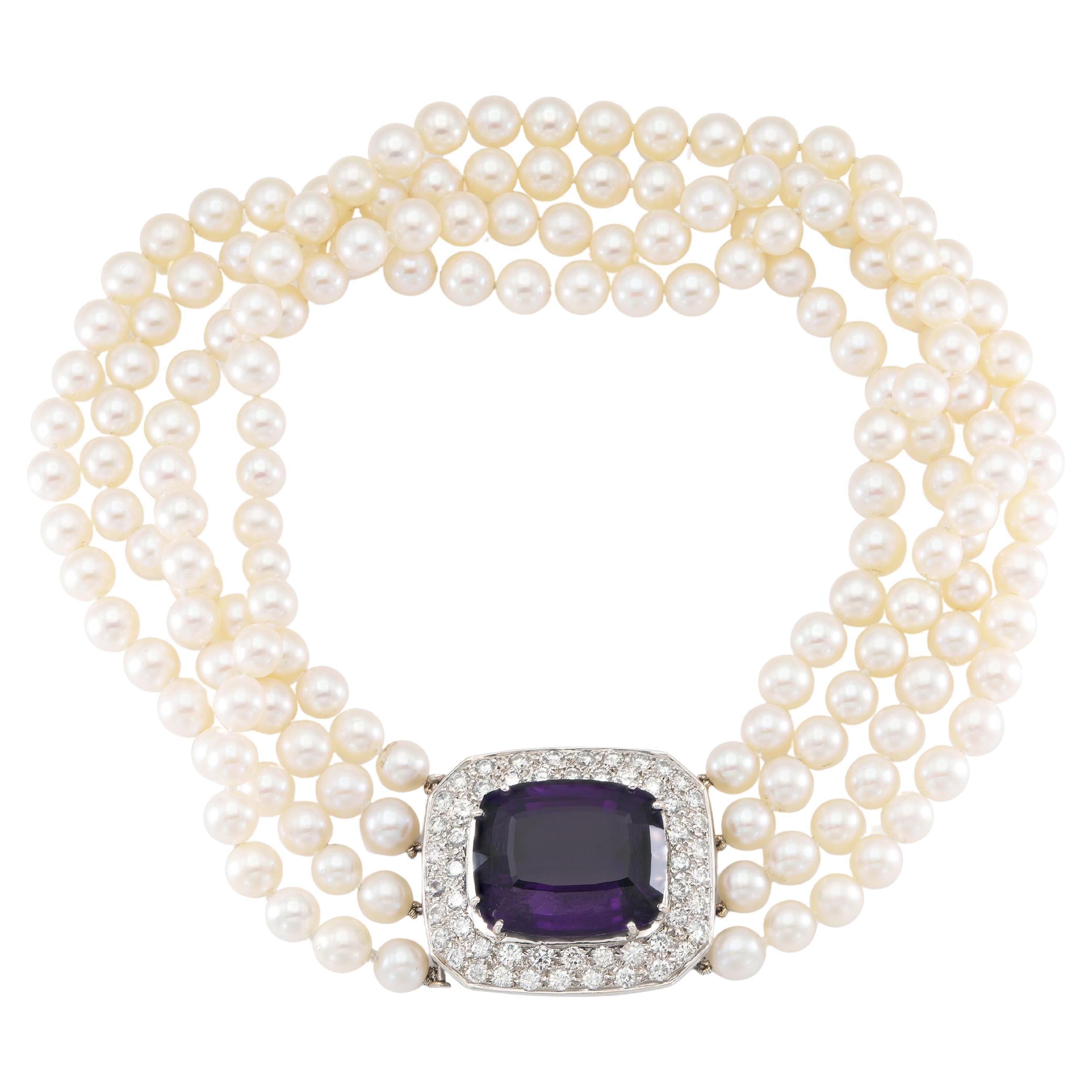 Vintage 50.00 Carat Amethyst and Four Strand Pearl Necklace with Diamonds