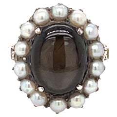 Vintage 5.00ct Cabochon Black Star Sapphire Ring with Pearls in 14k White Gold