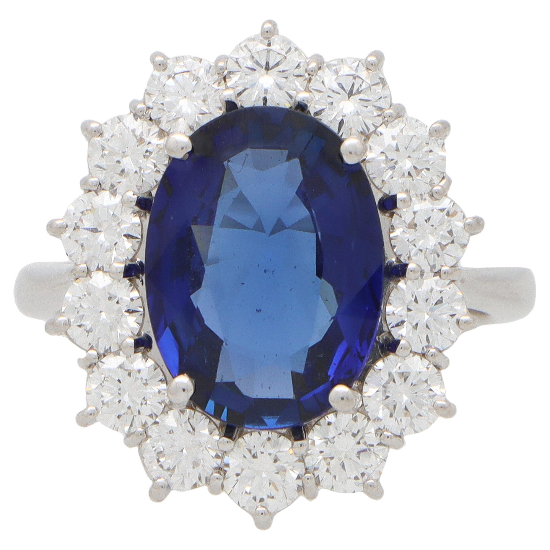 Vintage 5.00ct Sapphire and Diamond Cluster Ring Set in 18k White Gold