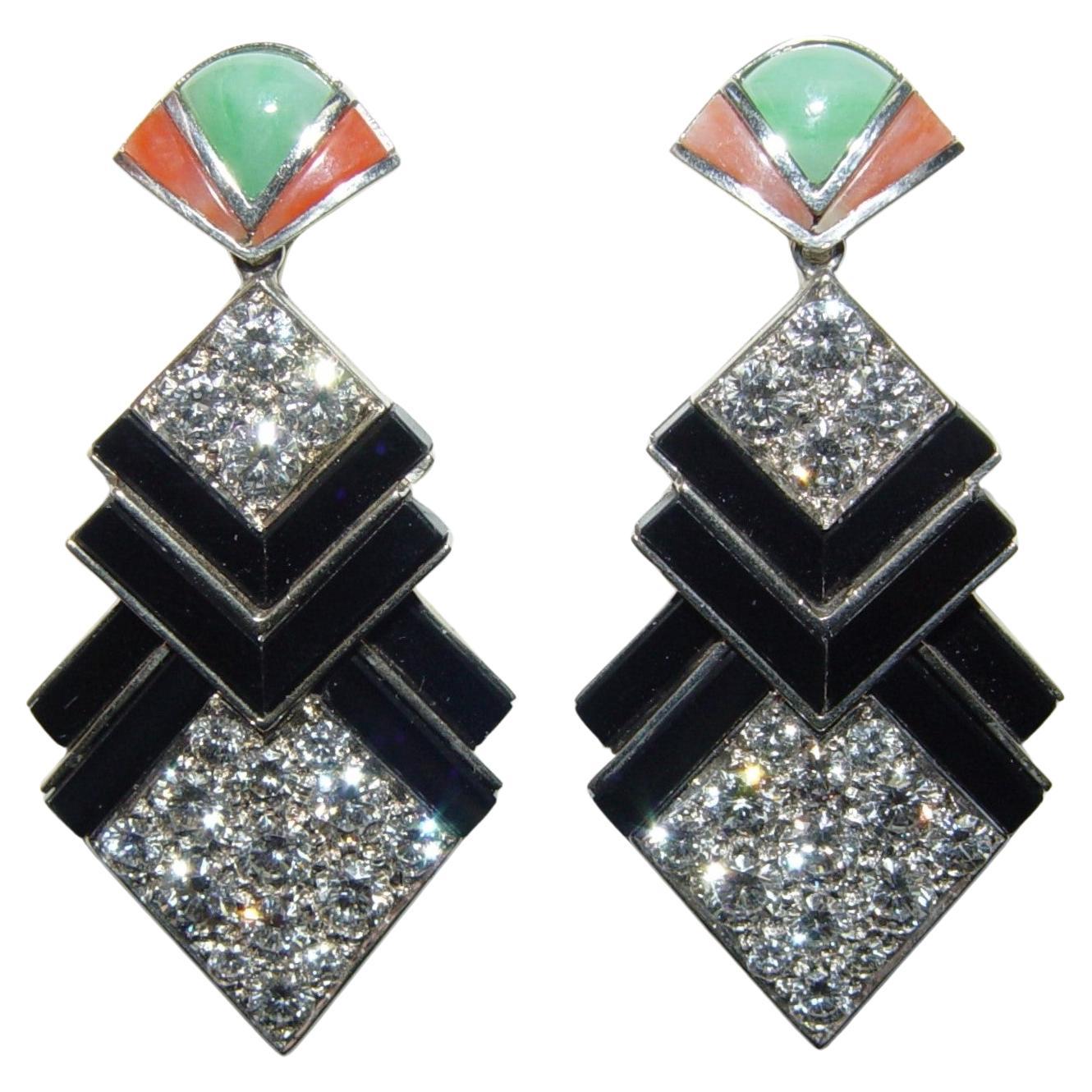 Retro Vintage 5.00CT(Est.) Diamond onyx, Coral, Jade Earrings 48MM For Sale