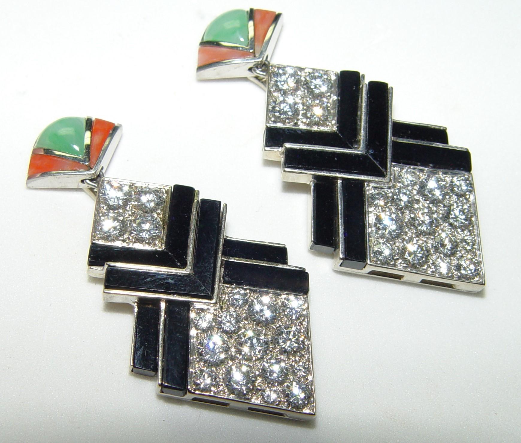 Round Cut Vintage 5.00CT(Est.) Diamond onyx, Coral, Jade Earrings 48MM For Sale