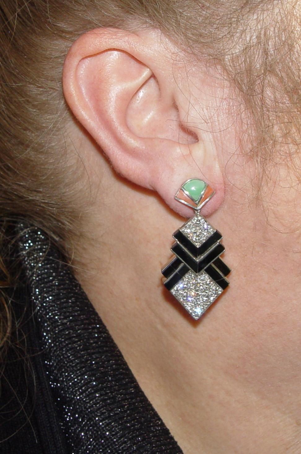 Vintage 5.00CT(Est.) Diamond onyx, Coral, Jade Earrings 48MM For Sale 3