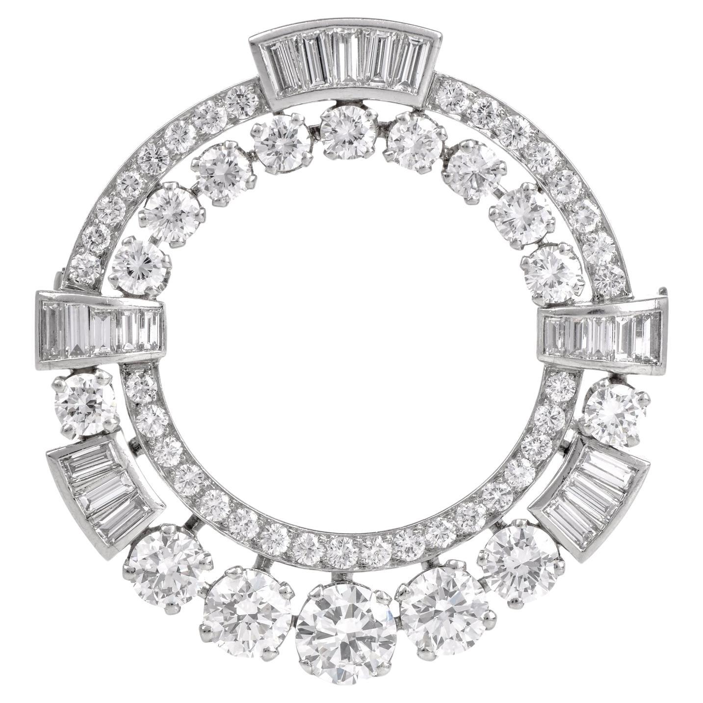 Vintage 5.00cts Diamond Platinum Round Wreath Brooch Pin For Sale