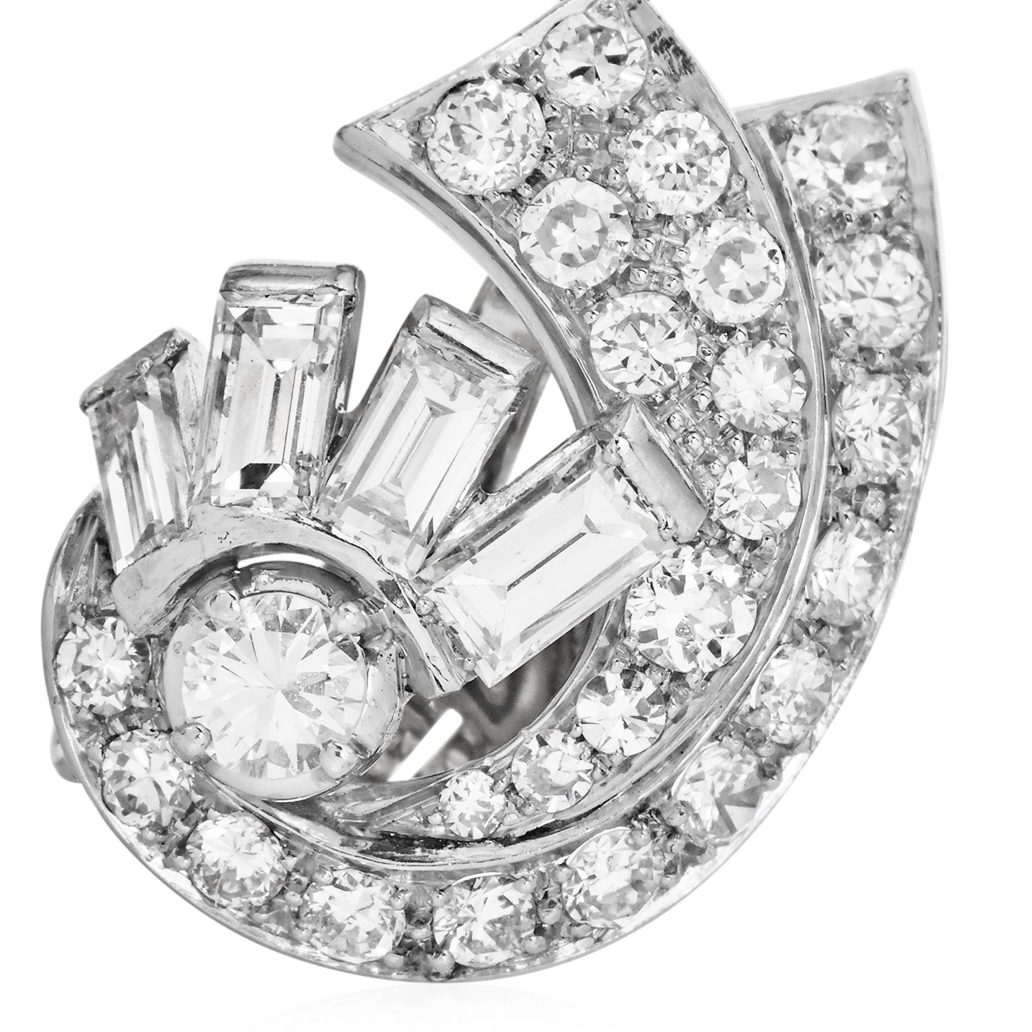Retro Vintage 5.00cttw Diamond Platinum Spray Stud clip-on Earrings For Sale