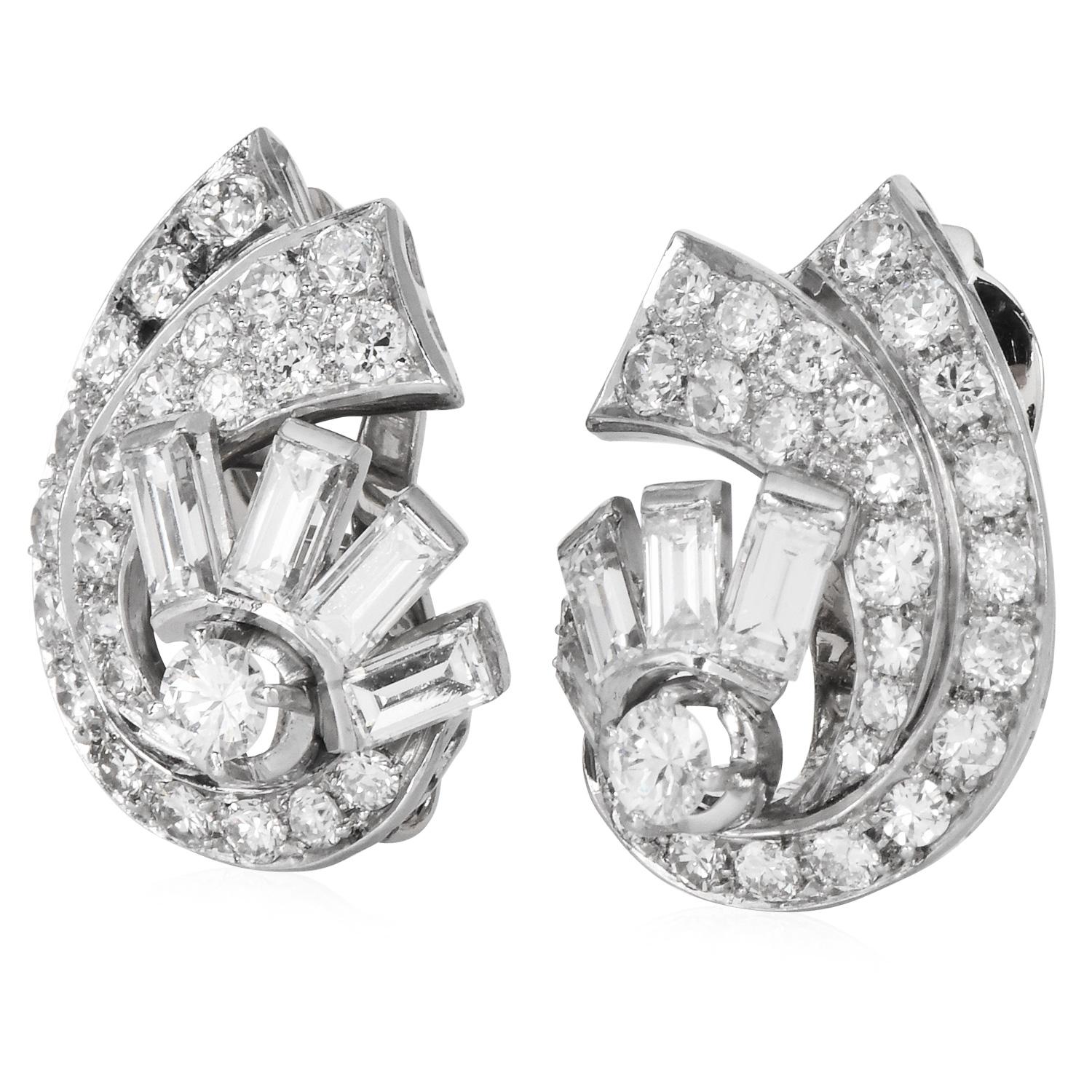 Baguette Cut Vintage 5.00cttw Diamond Platinum Spray Stud clip-on Earrings For Sale