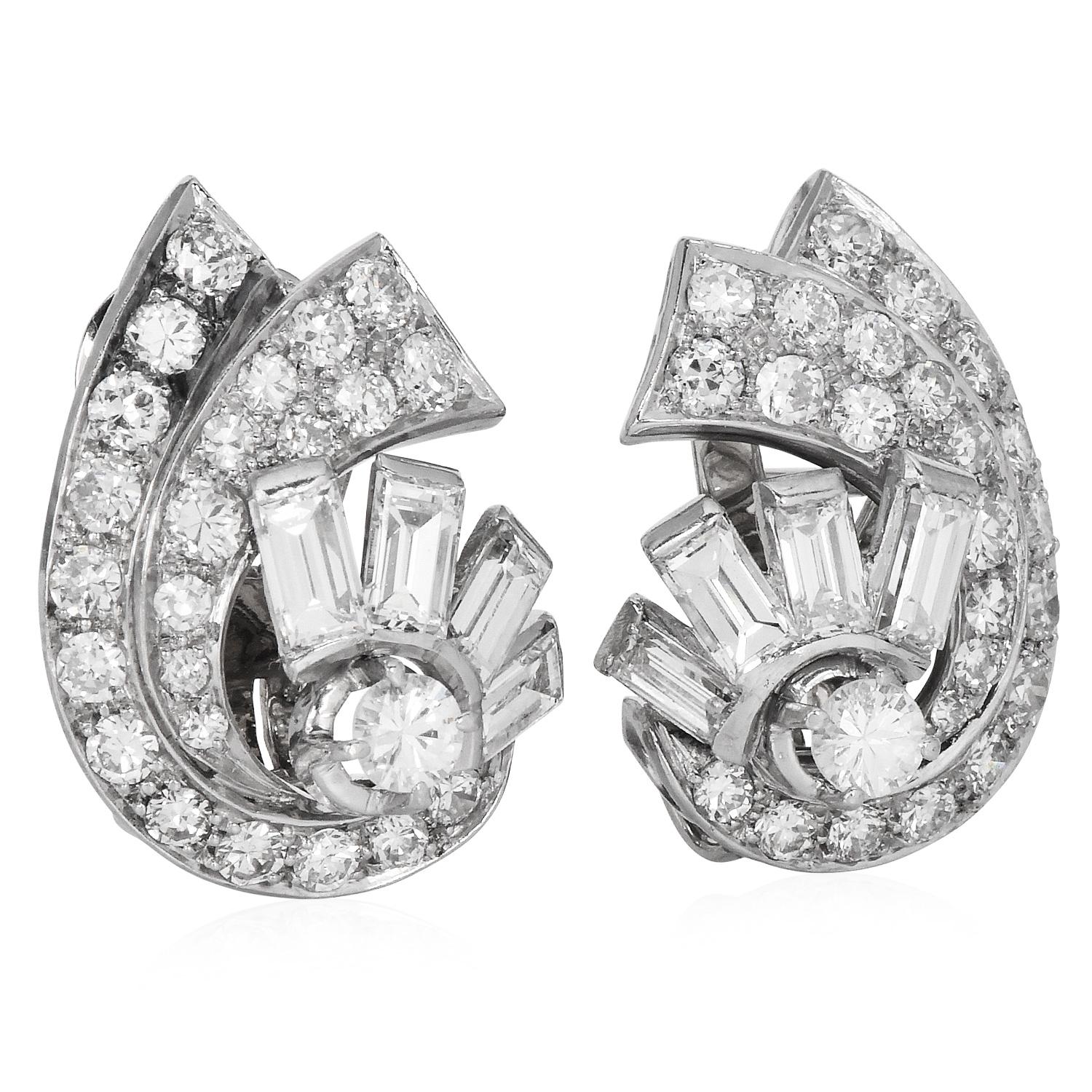 Women's Vintage 5.00cttw Diamond Platinum Spray Stud clip-on Earrings For Sale