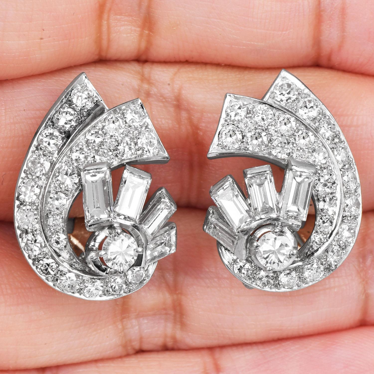 Vintage 5.00cttw Diamond Platinum Spray Stud clip-on Earrings For Sale 1