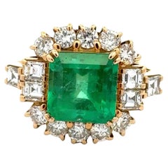 Vintage 5.03 Carat Square Emerald-Cut Emerald GIA and Diamond Gold Ring