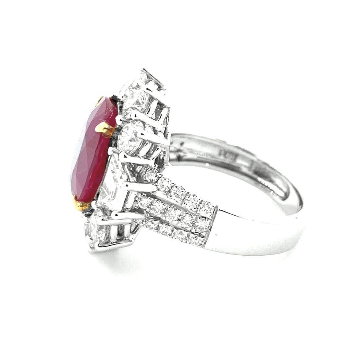 Vintage 5,04 Karat burmesischer Rubin-Diamant-Ring, GRS-zertifiziert 18 Karat Weißgold (Ovalschliff)