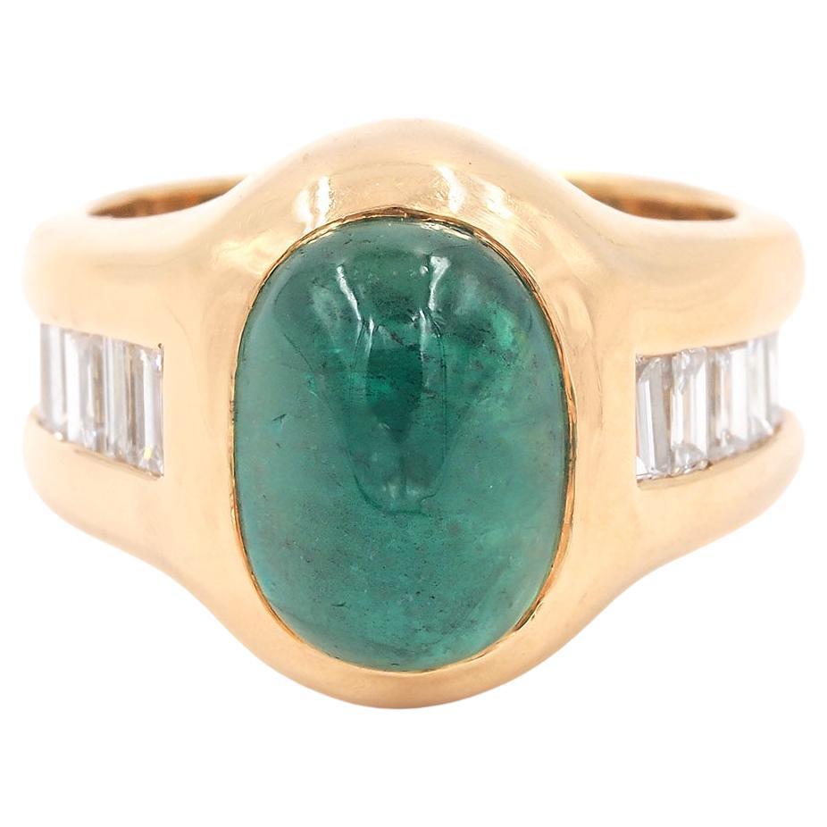 Vintage 5.04 Carat Cabochon Emerald & Baguette Cut Diamond Ring For Sale