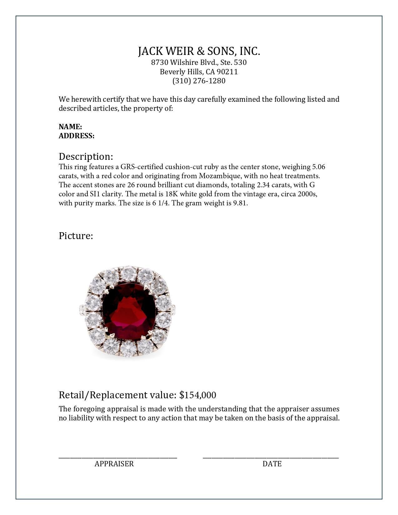 Vintage 5,06 Karat Cushion Cut No Heat Ruby Diamantring im Zustand „Hervorragend“ in Beverly Hills, CA