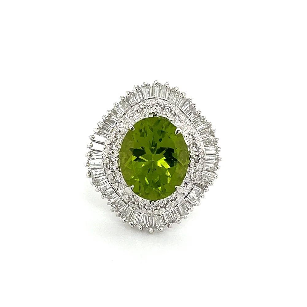 Oval Cut Vintage 5.06 Carat Oval Peridot and Diamond Platinum Cocktail Ring For Sale