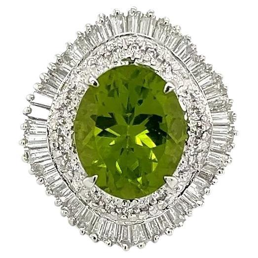 Vintage 5.06 Carat Oval Peridot and Diamond Platinum Cocktail Ring For Sale