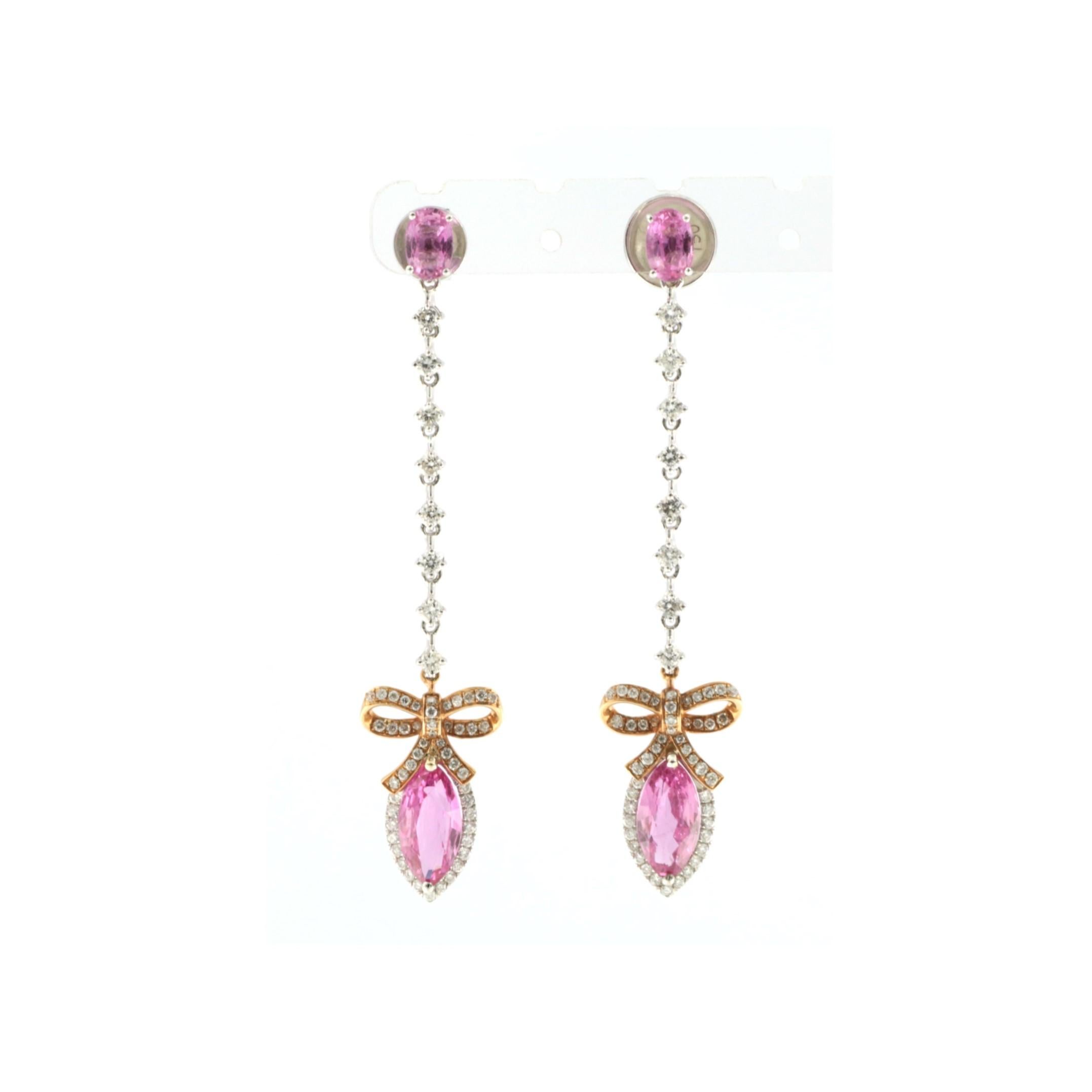 Vintage 5.07 carat Pink Sapphire and Diamond Dangle Earring 18K Rose White Gold For Sale 1