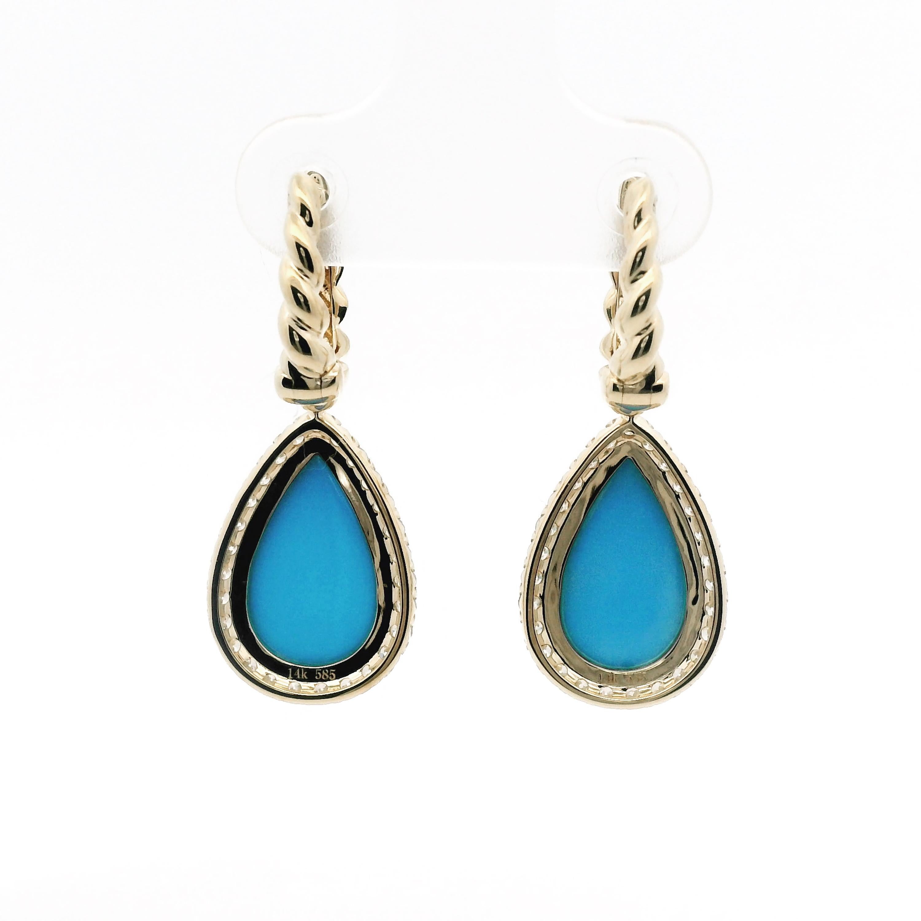 Art Deco Vintage 5.0Ct Sleeping Beauty Turquoise Diamond Earrings in 14 Karat Solid Gold