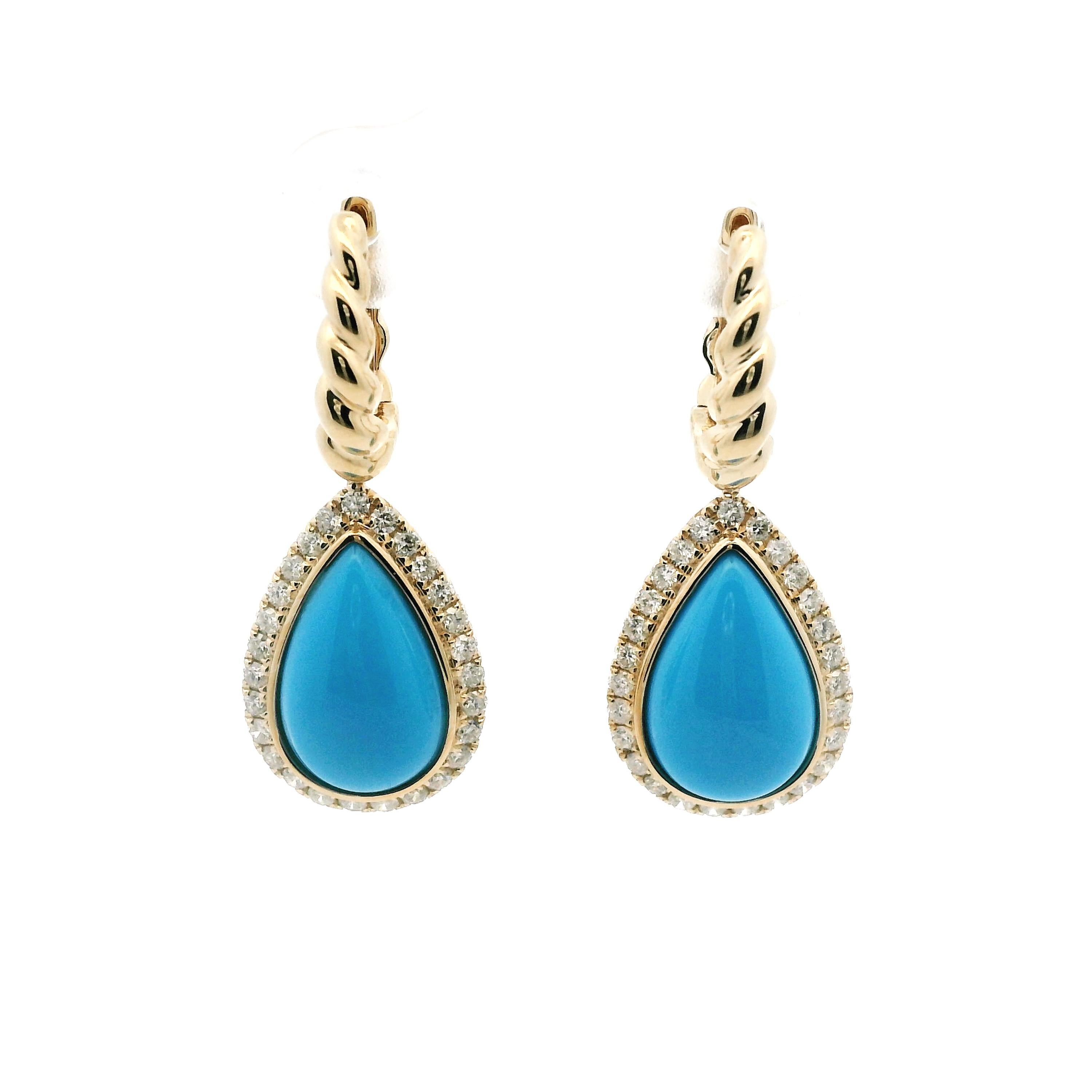 Vintage 5.0Ct Sleeping Beauty Turquoise Diamond Earrings in 14 Karat Solid Gold In New Condition In Hong Kong, HK